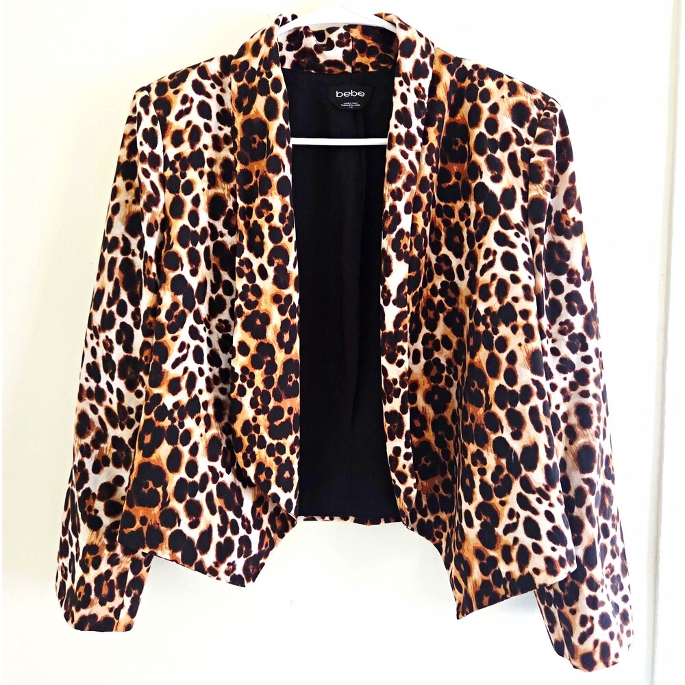 bebe Leopard Animal Print Open Front Cropped Jacket Lined Collared Size L